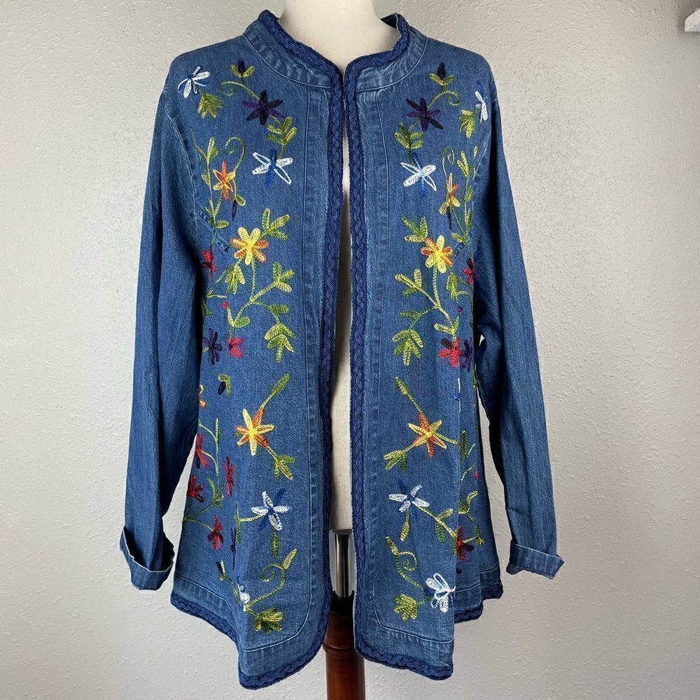 Unit Fashions Denim Floral Stitched Jacket Size 2X EUC